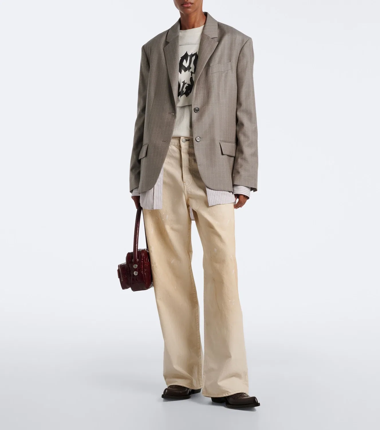 Широкие джинсы с отделкой из состаренной кожи Acne Studios, белый — фото 2