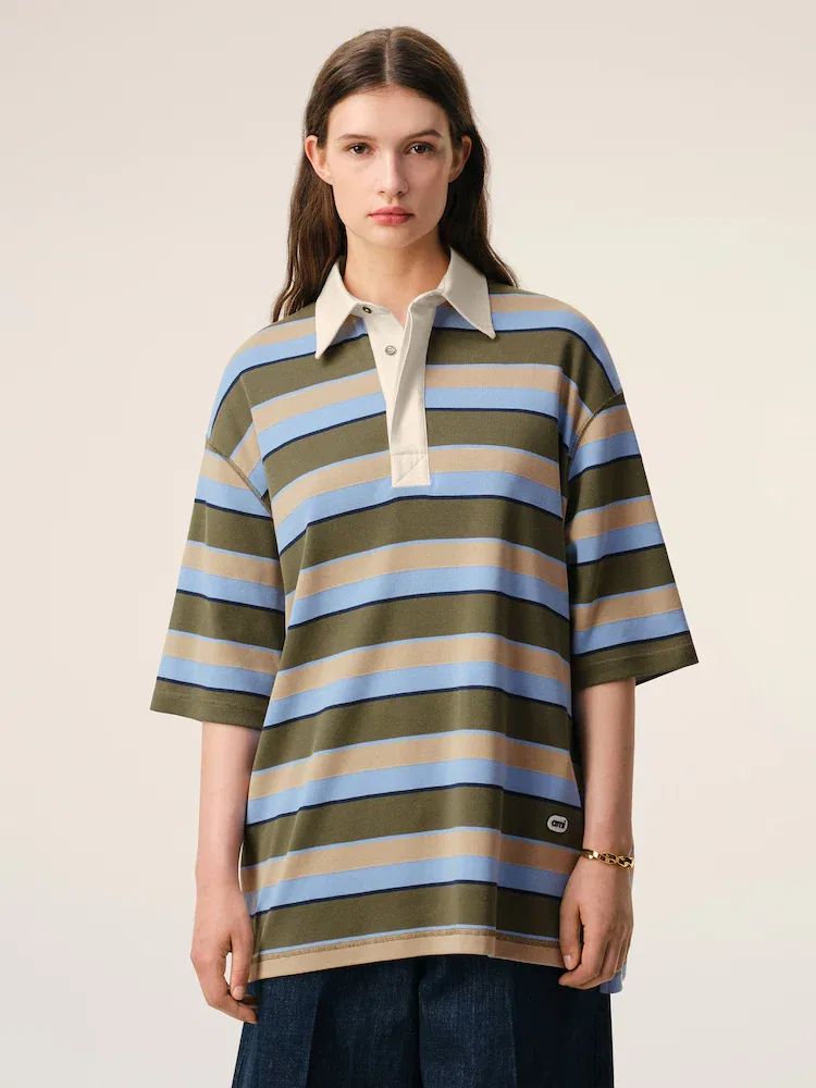Футболка поло с полосками Oversize Fit с патчем Oval Ami AMI PARIS, Bleucach/Kaki/Taupe/Encre