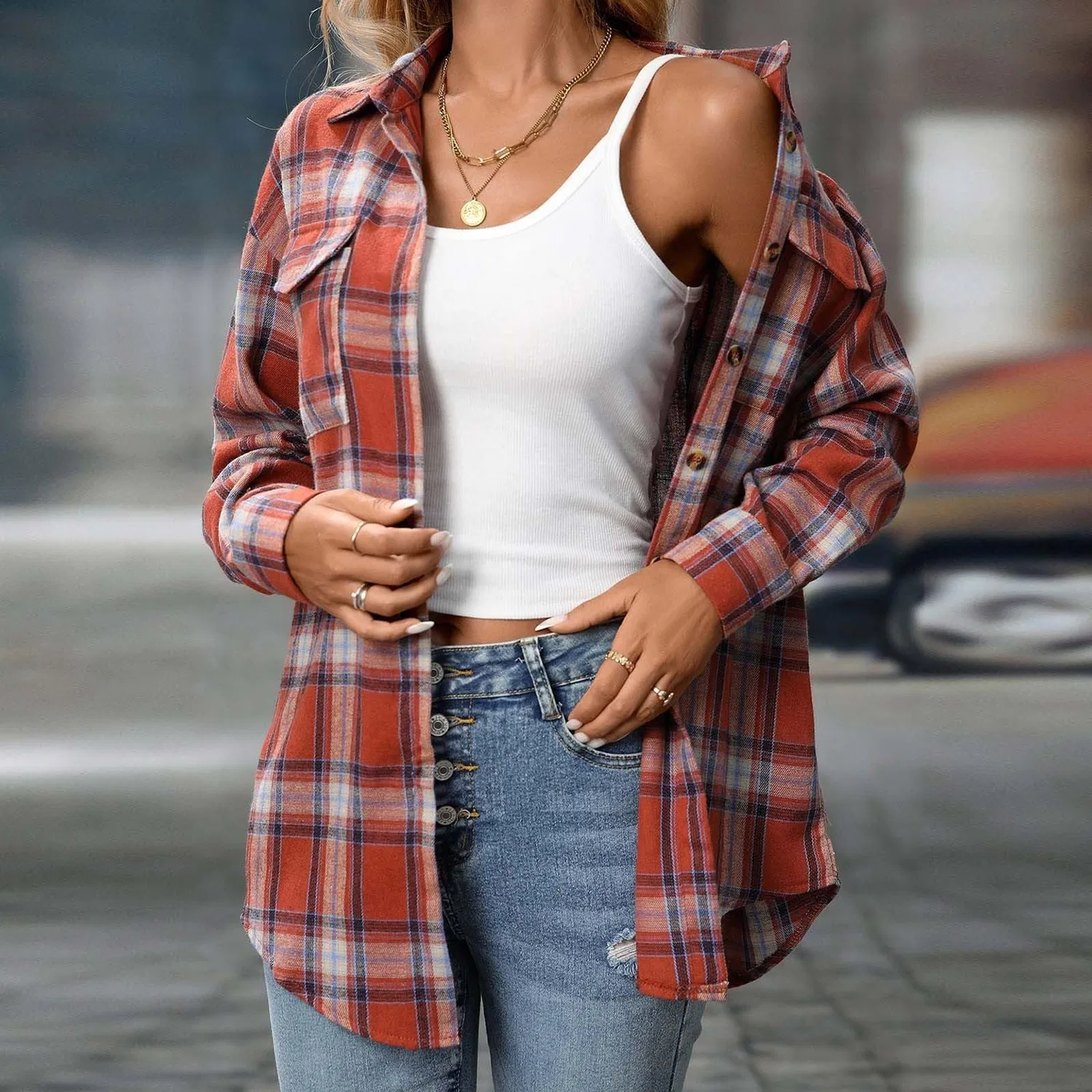 Женская рубашка-жакет с принтом в клетку, модель Plaid Flannel Shirts, Red — фото 3
