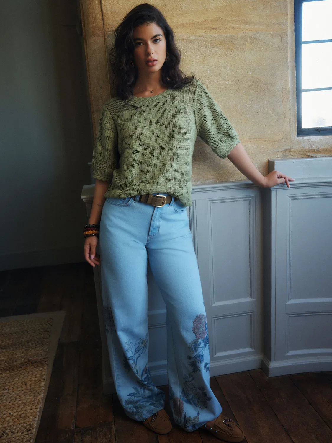 Футболка с кружевным цветочным узором, National Trust x Next, Khaki Green — фото 2