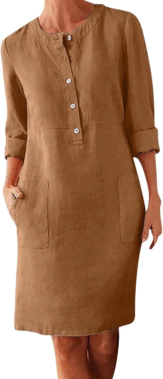 Женское платье-рубашка из льна с хлопком, Shirt, Coffee