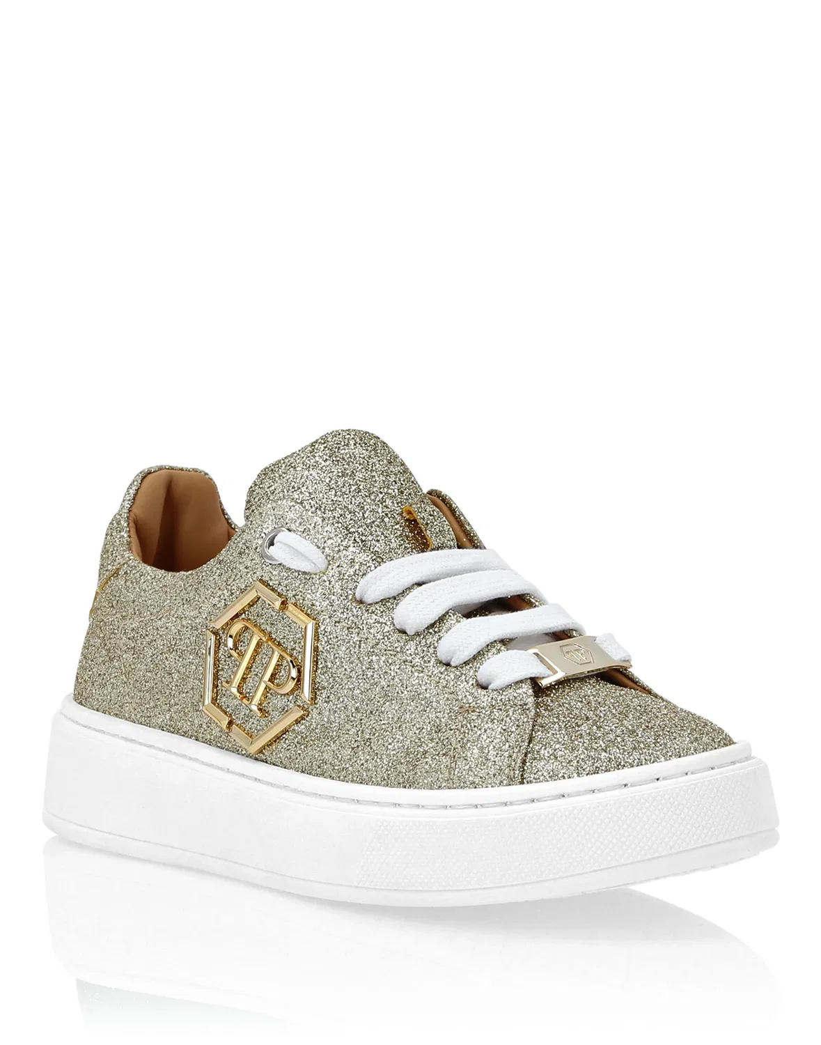 Детские кроссовки с блестящим верхом Glitter Lo-Top Sneakers Hexagon PHILIPP PLEIN, Gold