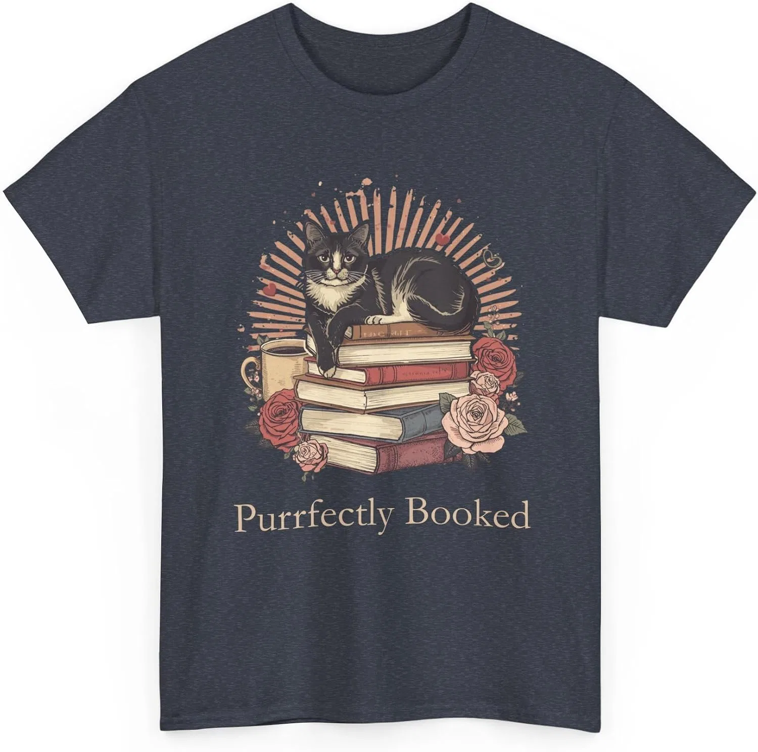 Женская футболка с принтом Purrfectly Booked Cat Stack of Books, тёмно-синий меланж