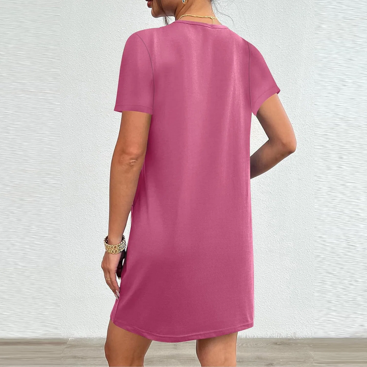 Женское повседневное платье-футболка с высоким воротом Generic, Hot Pink — фото 3