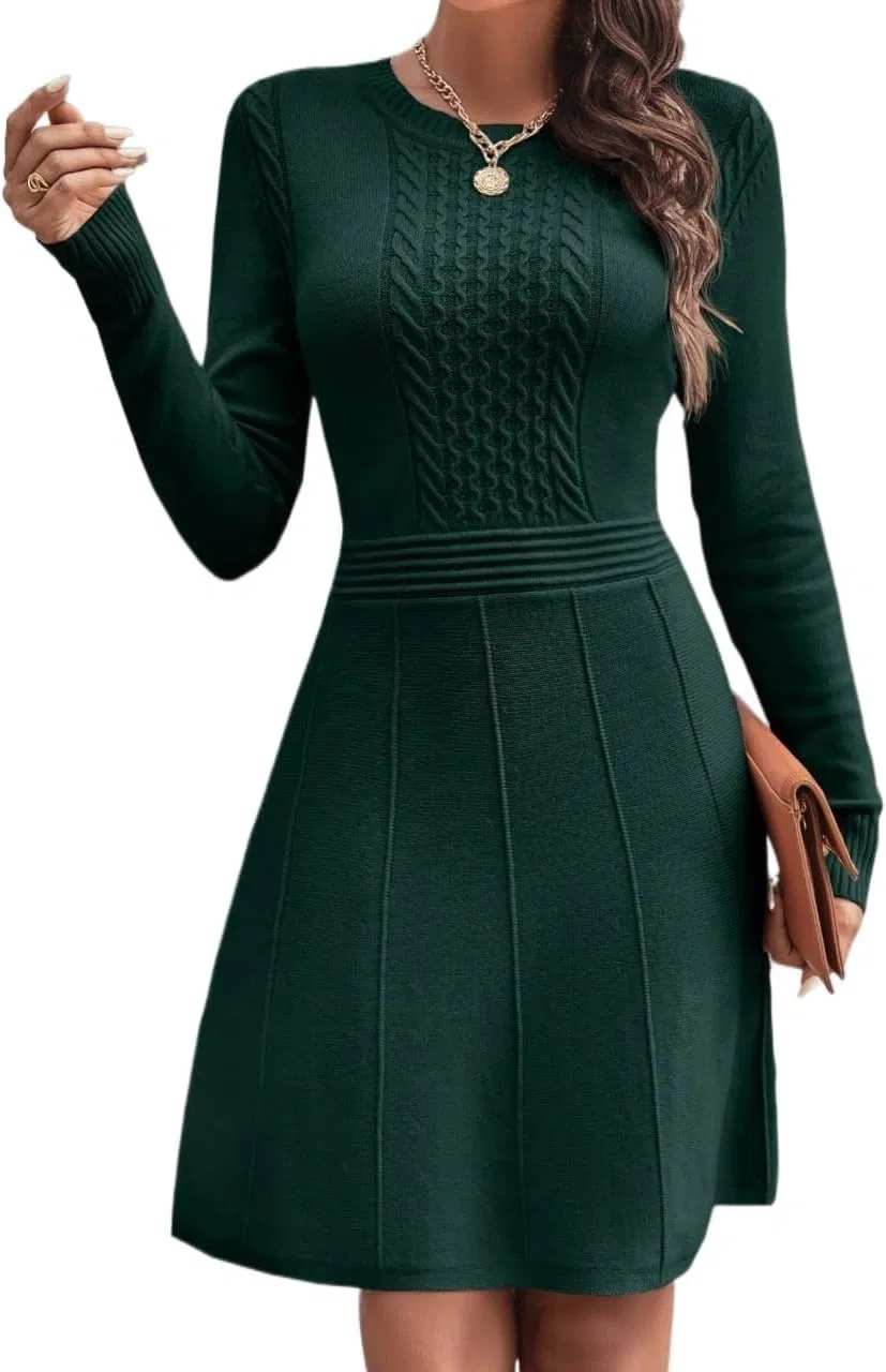 Женское элегантное платье с кабельным вязанием, Dark Green