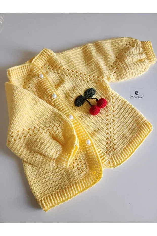 Детский кардиган с воротником-стойкой Cherry baby cardigan Örgü, Yellow — фото 2