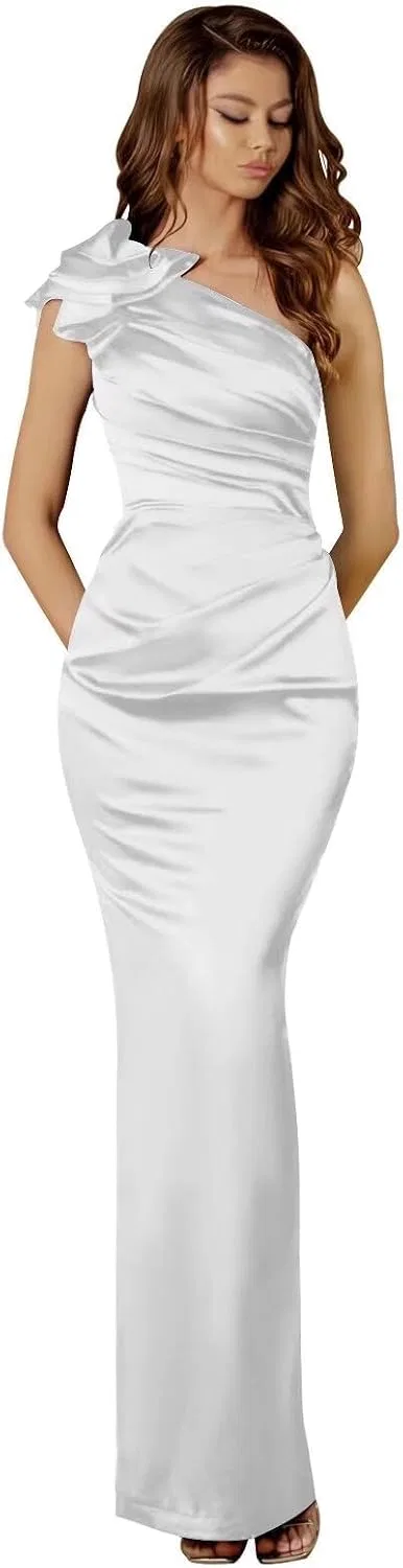 Женское атласное платье-русалка с одним плечом и бантом, White