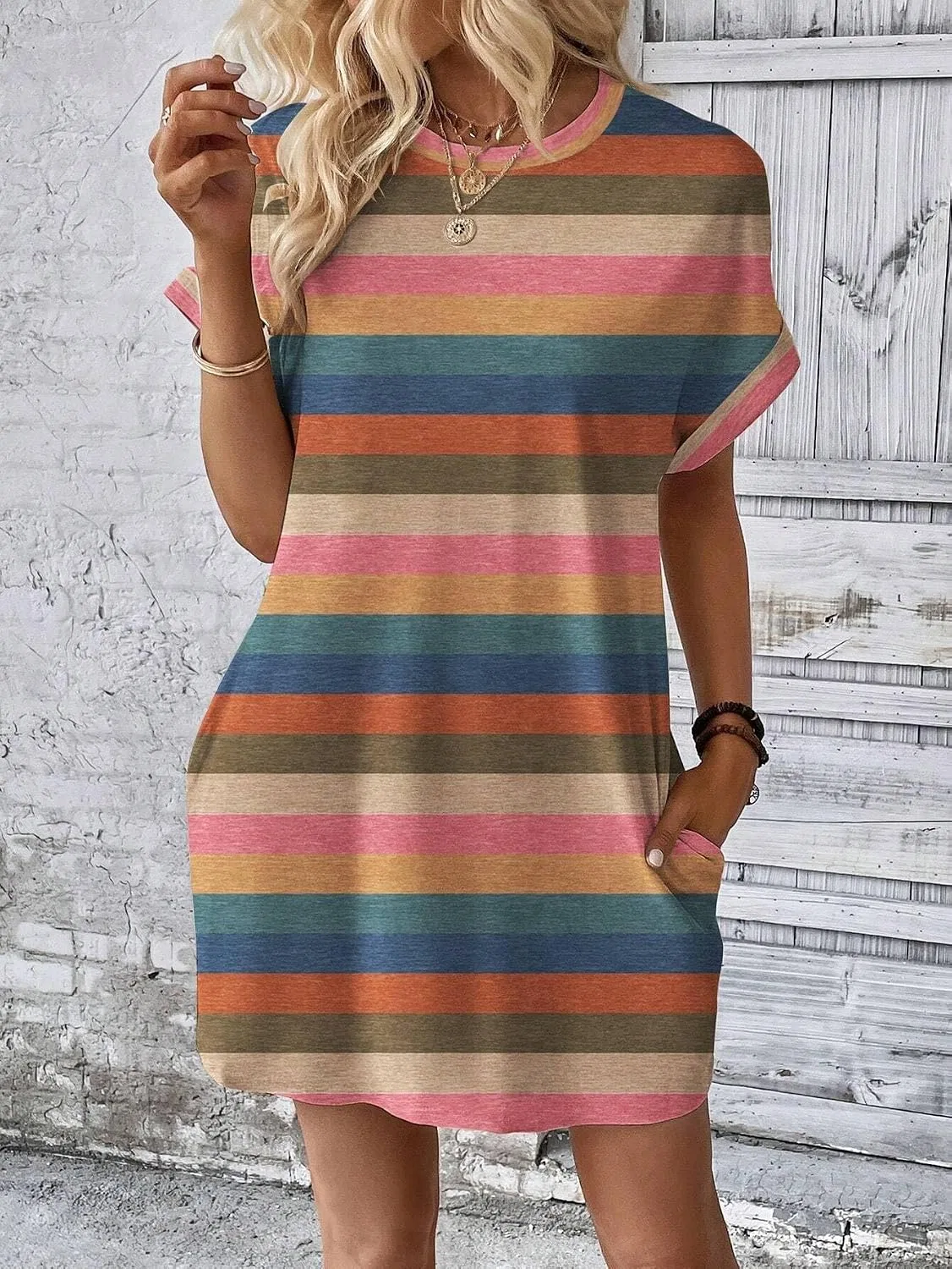 Женское цветное свободное платье-футболка с коротким рукавом, Multicolor — фото 4