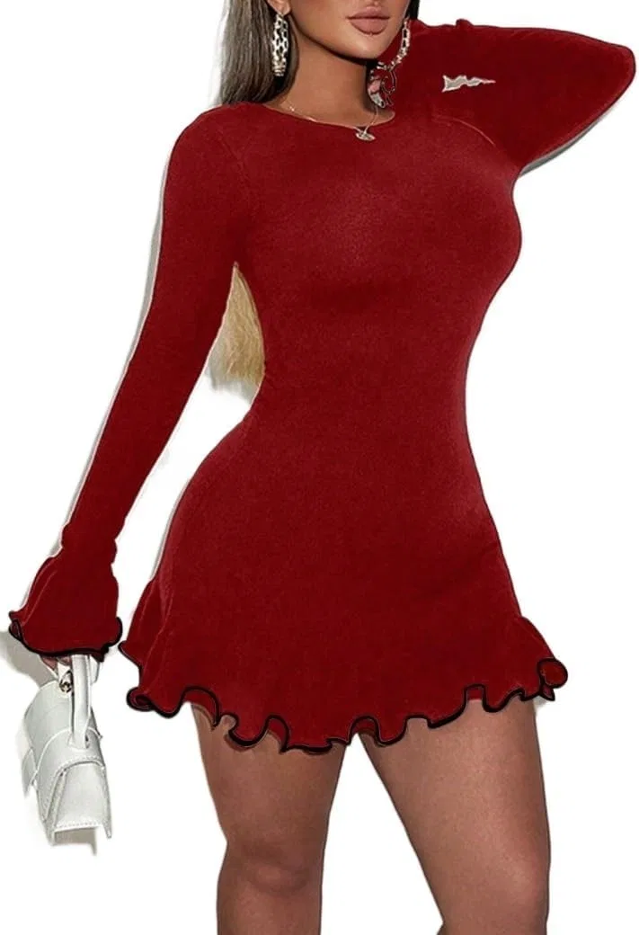 Женское мини-платье с воланами Flared Dress, Burgundy