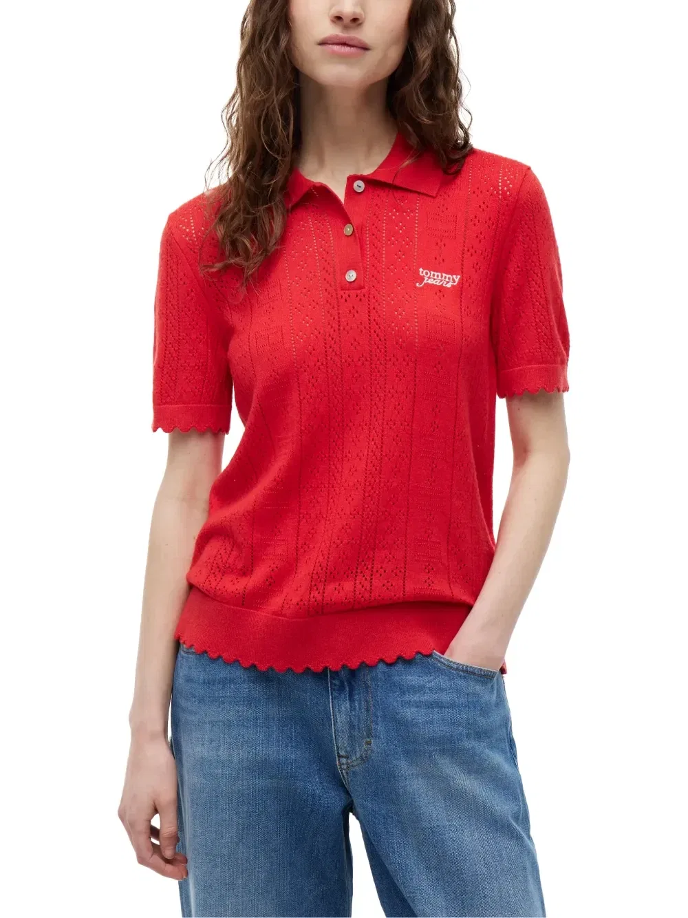 Пуловер из ажурного трикотажа с фестончатой окантовкой Tommy Hilfiger, красный — фото 3