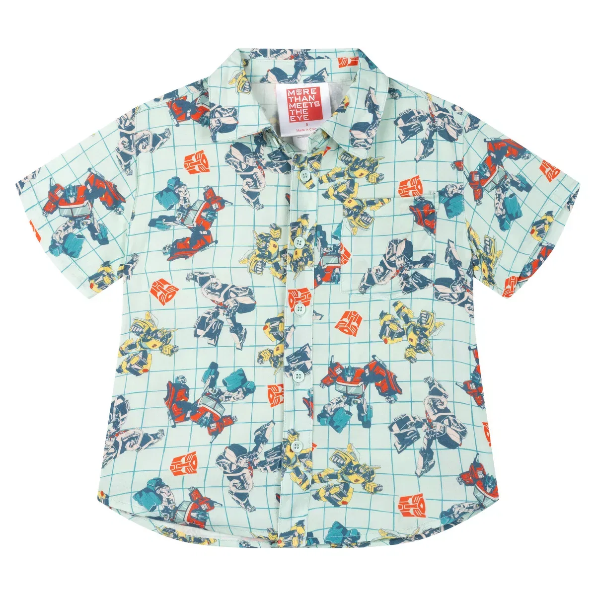 Детская рубашка с коротким рукавом с принтом Transformers Hawaiian Button Down Dress Shirt Transformers, Soft Aqua Green