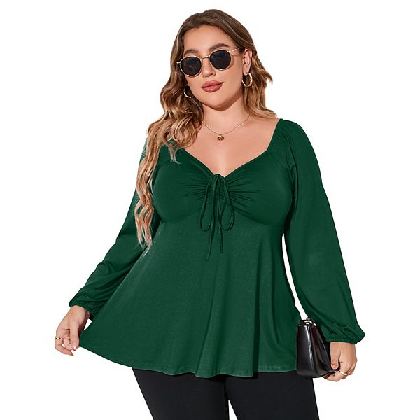 

Женская блузка-бэбидолл с длинными рукавами и завязкой спереди Plus size Seoria, Dark Green