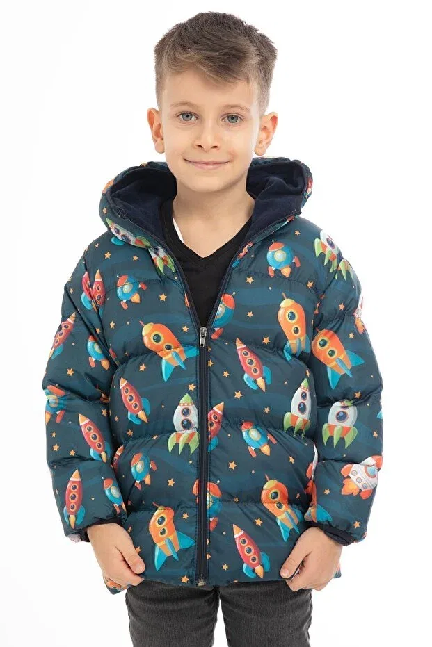 Детское пальто-пуховик для мальчиков с принтом Boy'S fleece hooded rocket patterned winter puffer jacket & coat & parka Royalside, Navy Blue