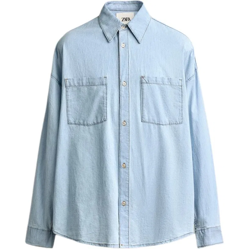 Мужская рубашка с воротником прямого кроя Light Blue ZARA, Light Blue