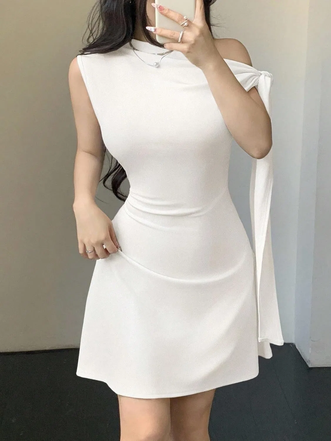 Женское летнее платье с асимметричной завязкой на талии, White — фото 3