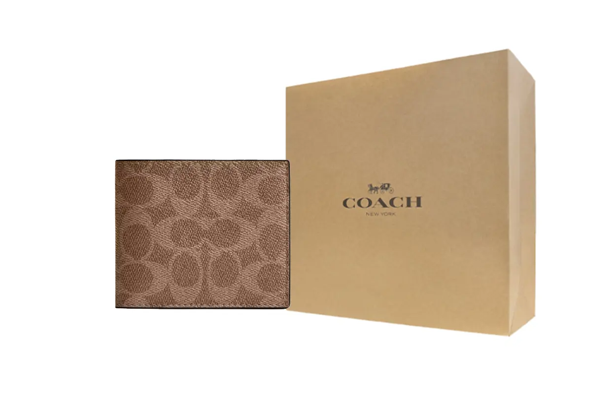 

COACH Маленький кожаный кошелек для мужчин бежево-черный, Gift Box Set (Basic Set+Yellow Box)