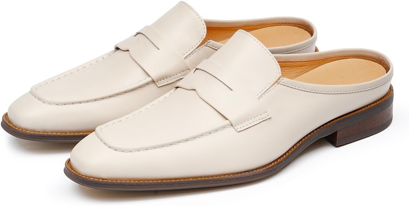 

Мужские слипоны Santimon - стильные кожаные мюли для повседневной и официальной носки - удобные мокасины с открытой пяткой - дышащие сандалии делового стиля для летнего сезона, слоновая кость