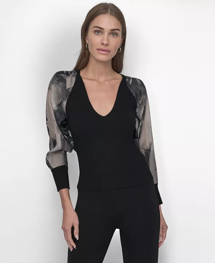 

Женская блузка с V-образным вырезом и принтом, с рукавами из органзы DKNY, черный
