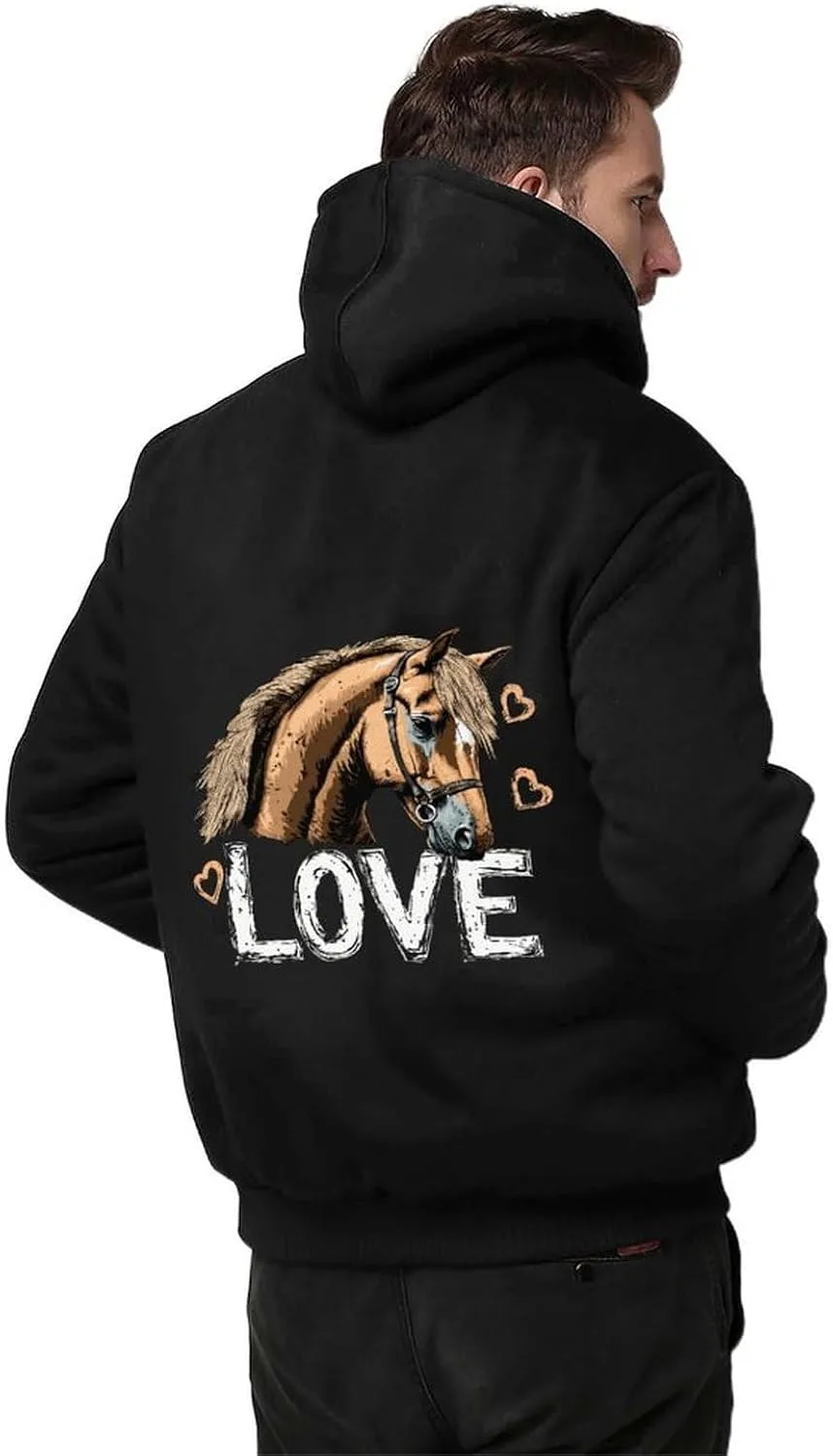 Толстый мужской худи с капюшоном I Love Horses, флисовая кофта с карманами на зиму Generic, черный — фото 2