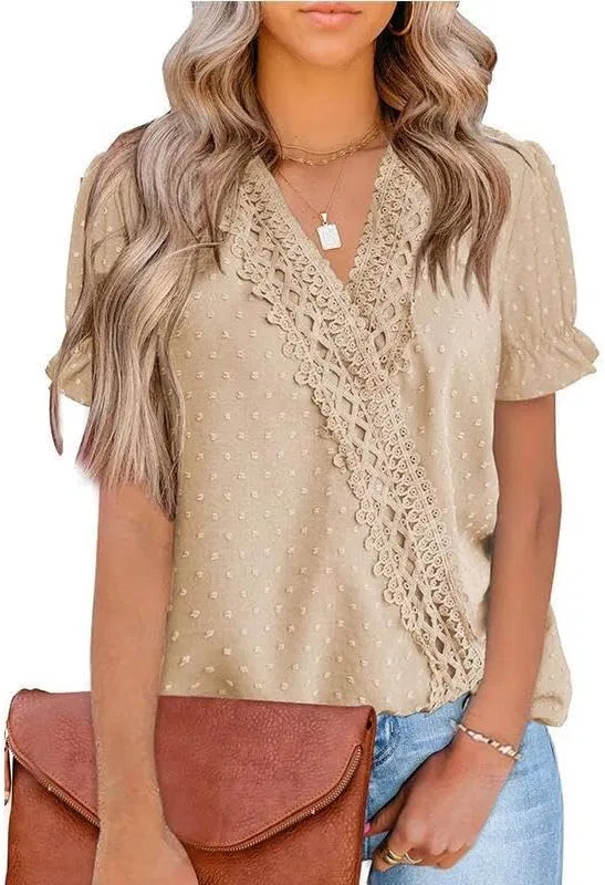 Блуза женская с V-образным вырезом, FMCHICO, Beige