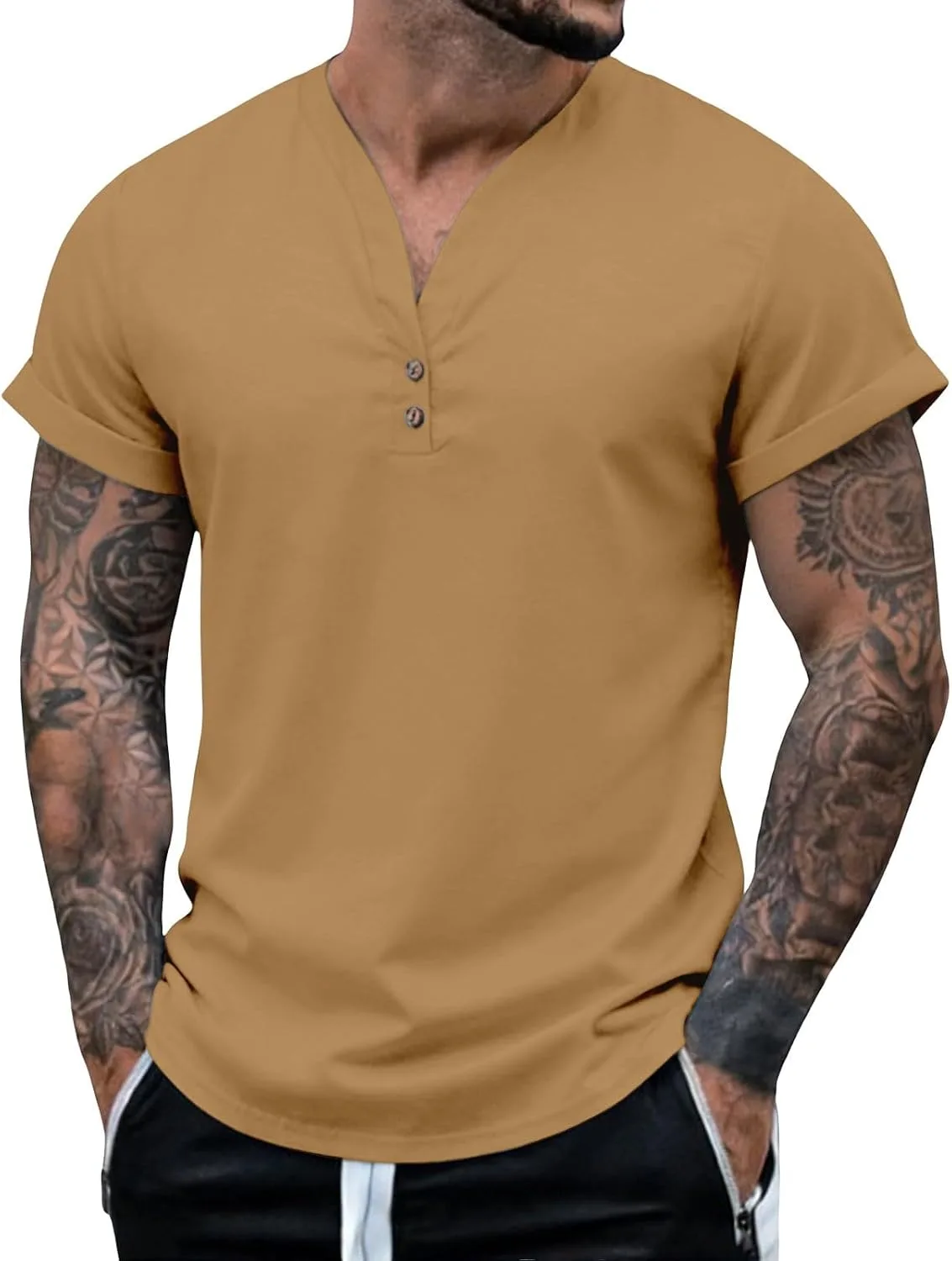 

Мужская футболка с коротким рукавом и V-образным вырезом на пуговицах, классическая, 2026