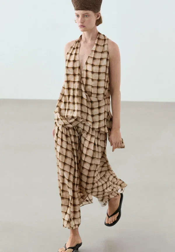 Топ асимметричный Flowing check print wrap Massimo Dutti, brown, коричневый