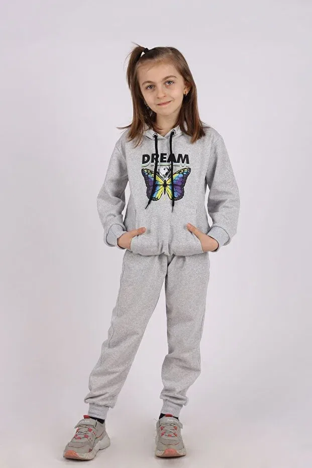 Детский комплект для девочек с принтом Butterfly print detailed hooded känguru pocket girl's tracksuit set Incitekstil, Griy — фото 3