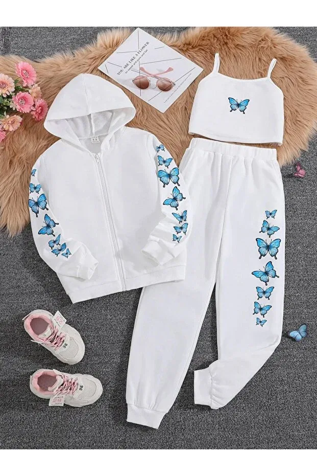 Детский спортивный комплект с принтом White Butterfly Printed Zippered Jacket, Crop And Tracksuit Set Keywest, White