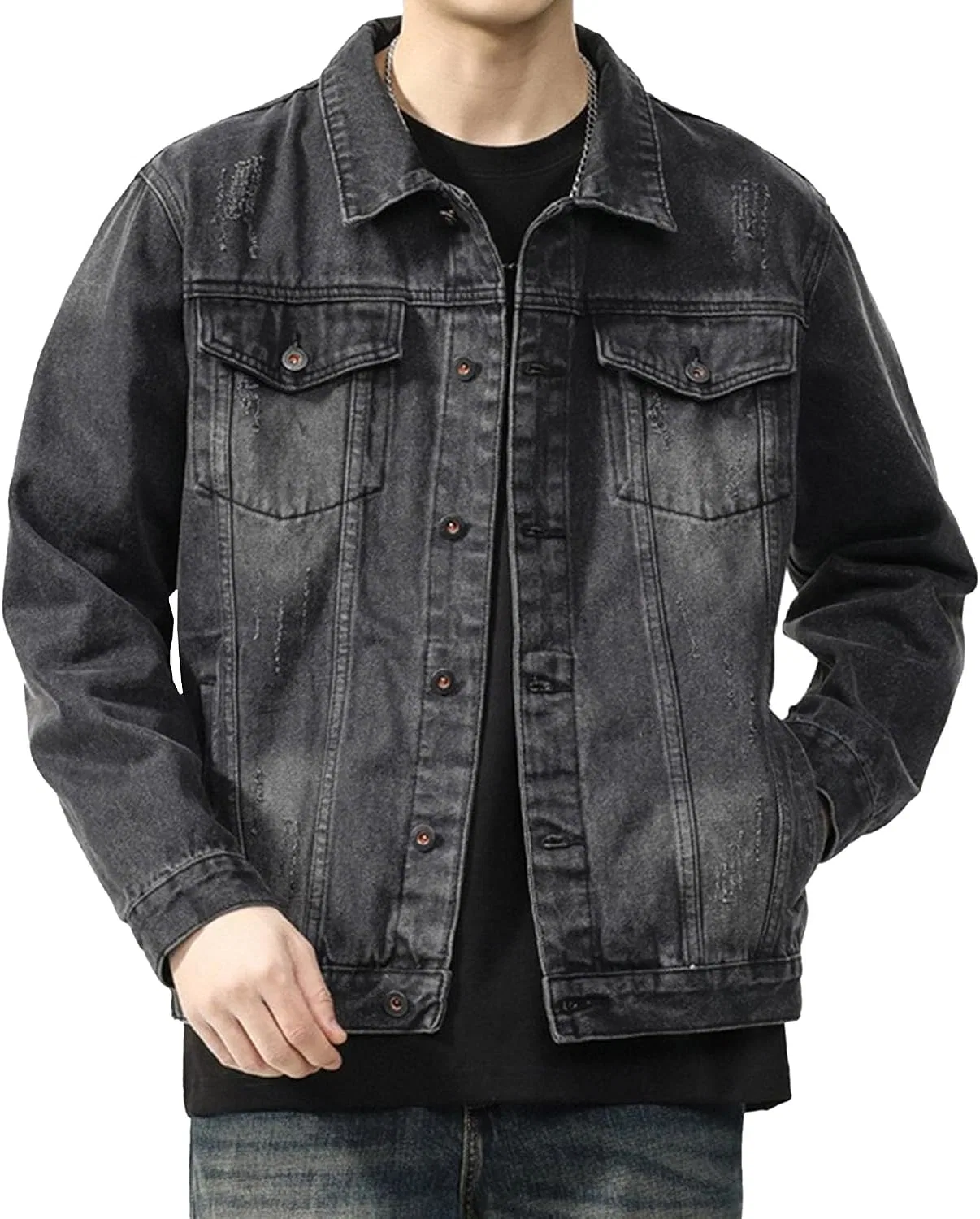 Мужская классическая джинсовая куртка с принтом, Slim Fit, чёрный