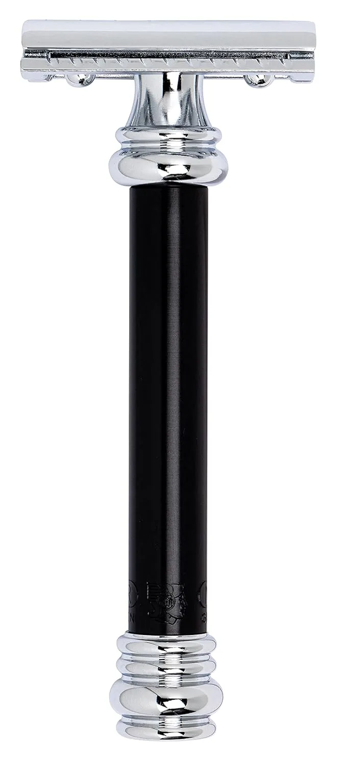 MERKUR 38B Double Edge Safety Razor - черная рукоятка Extra Large Barber Pole Grip из латуни, Made in Germany, без пластика, двухкомпонентная конструкция, закрытый гребень, прямой брусок, Black