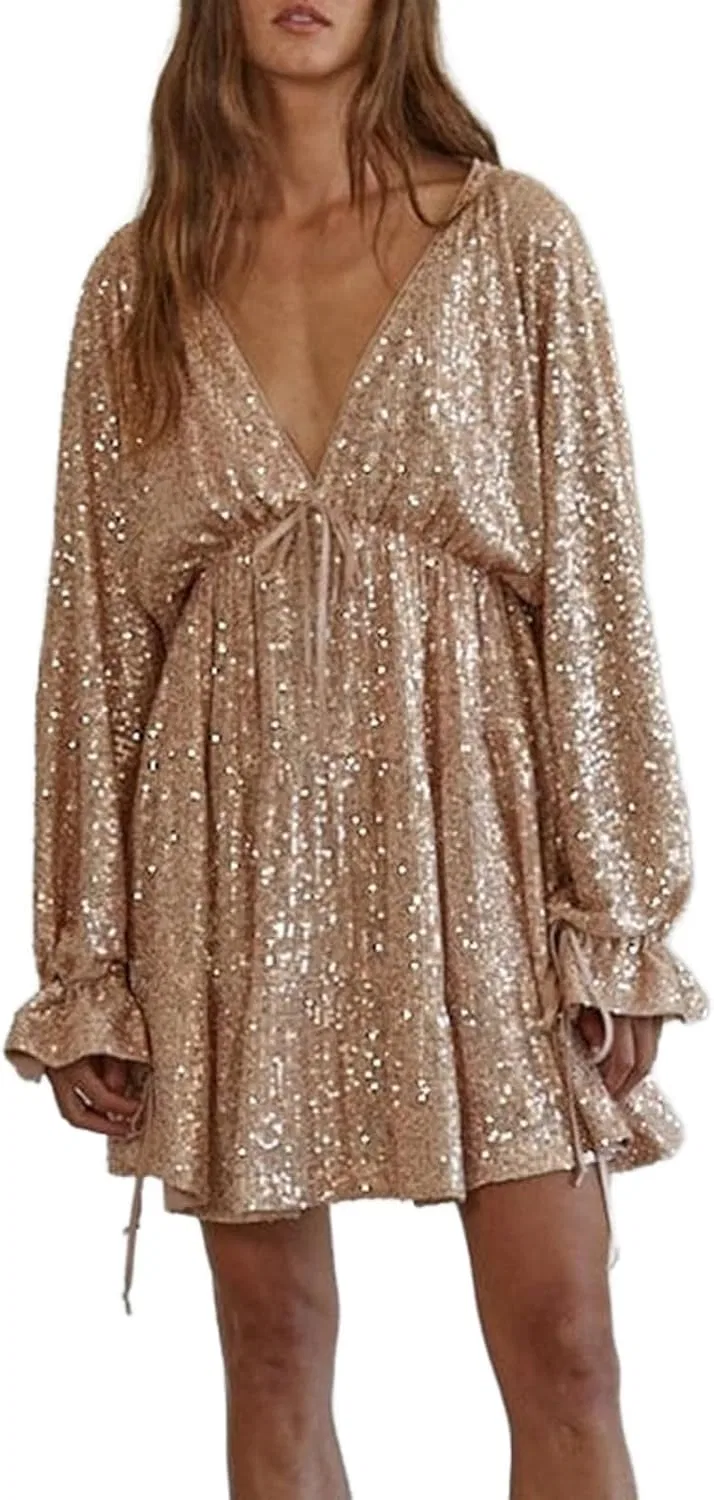 Женское платье мини с блестками, с длинным рукавом, Sequin, серебристый