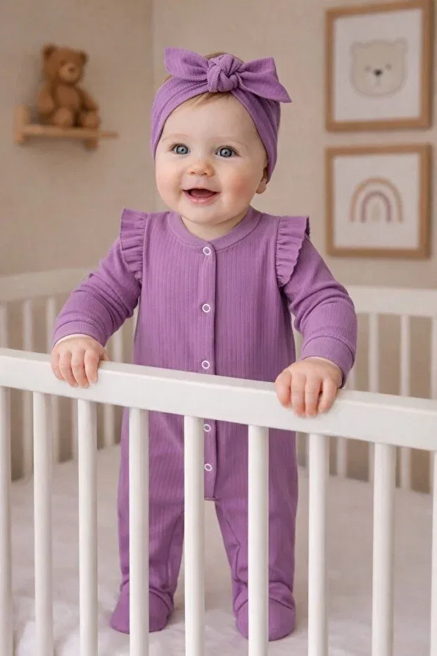 Детский комбинезон для девочек с рюшами Omy, Lilac — фото 3