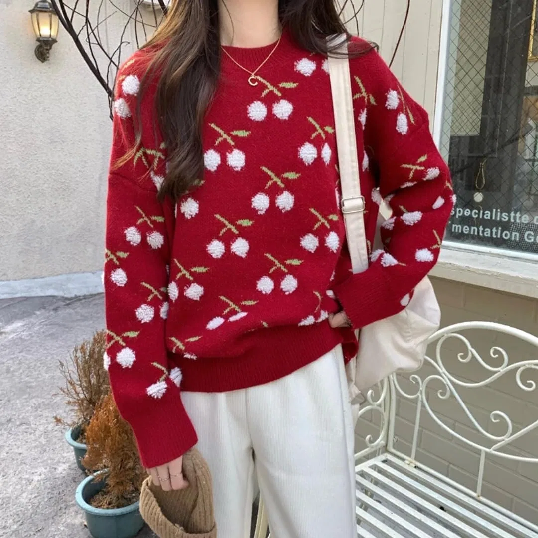 Женский свитер свободного кроя с принтом, красный — фото 2