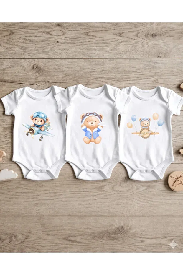 Детское боди-комплект для новорожденных с принтом Little Aviator Teddy Bear Hazden, White — фото 2