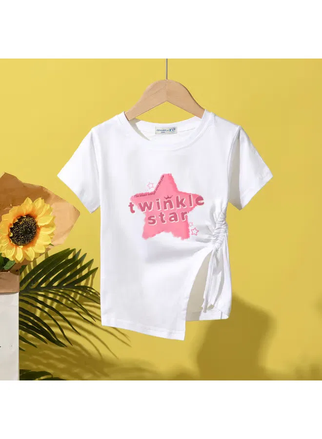 Футболка с коротким рукавом и асимметричным низом на кулиске для девочек Jeanswest, белая — фото 2