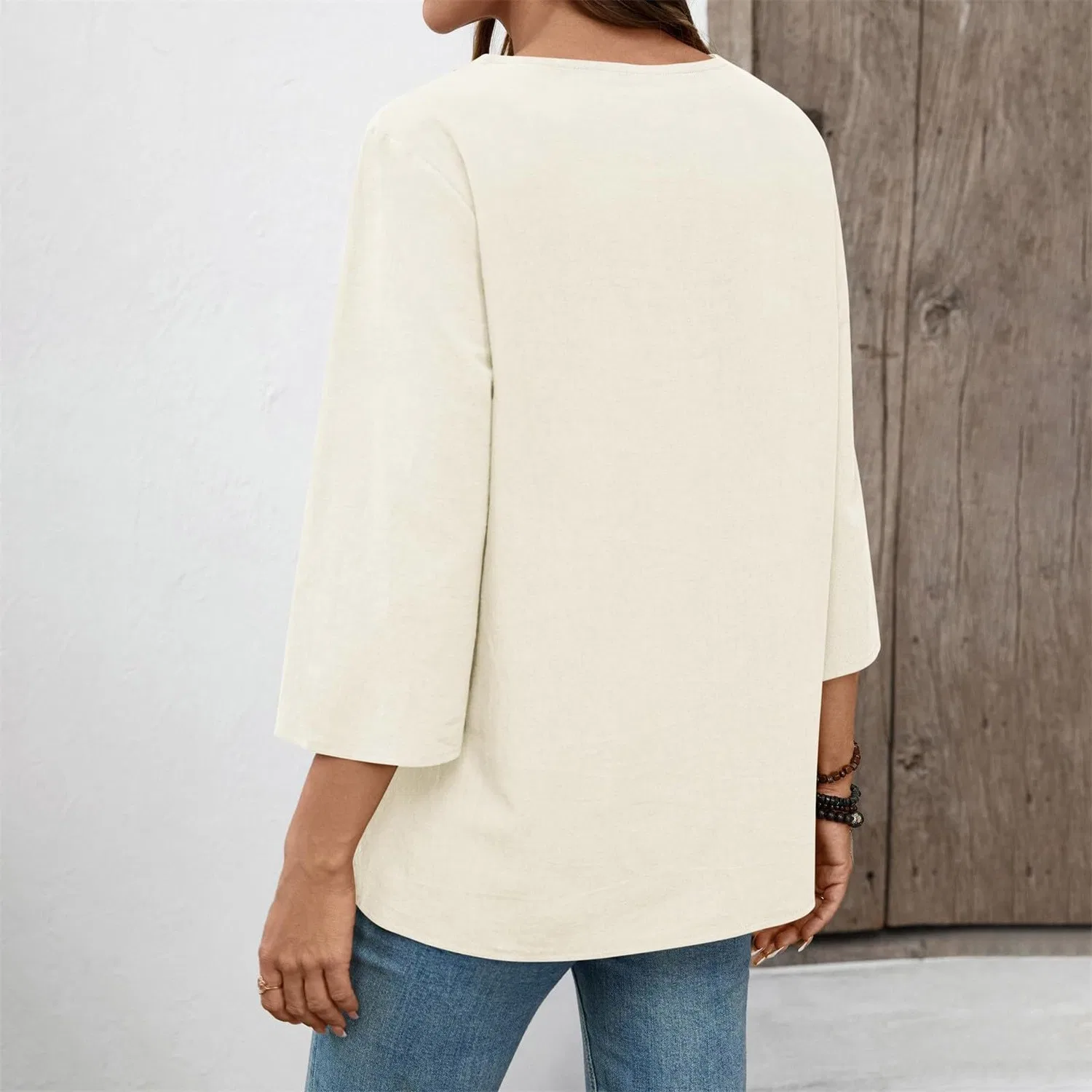 Женская льняная туника с вышивкой Retro 3/4 Sleeve Boho Casual Loose Fit Lightweight Summer Beach Blouse, Colour: Beige — фото 3