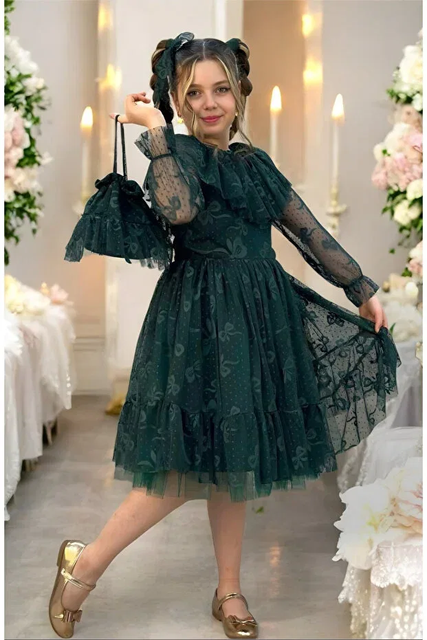 Детское платье для девочек кружевное с принтом Princess lace girls' buckled festive layered party dress with bag birthday Dolce Kids, Green — фото 2