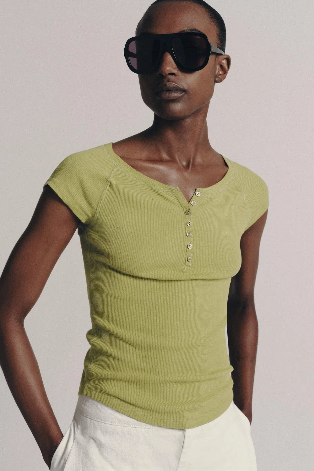 Футболка на пуговицах из смеси льна ZARA, Pistachio — фото 2