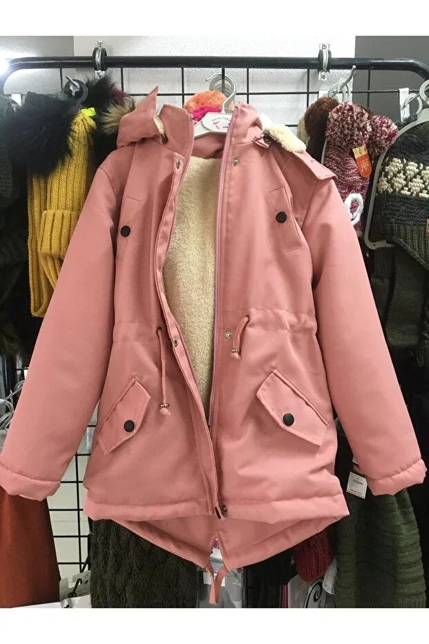 Детское зимнее пальто для девочек на молнии с капюшоном из меха Günce Moda, Pink