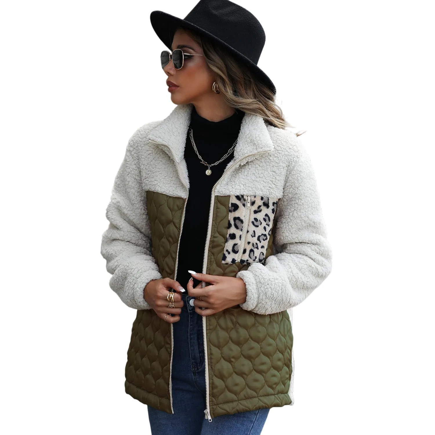 Женское пальто из флиса Sherpa с принтом color block, Verde militare