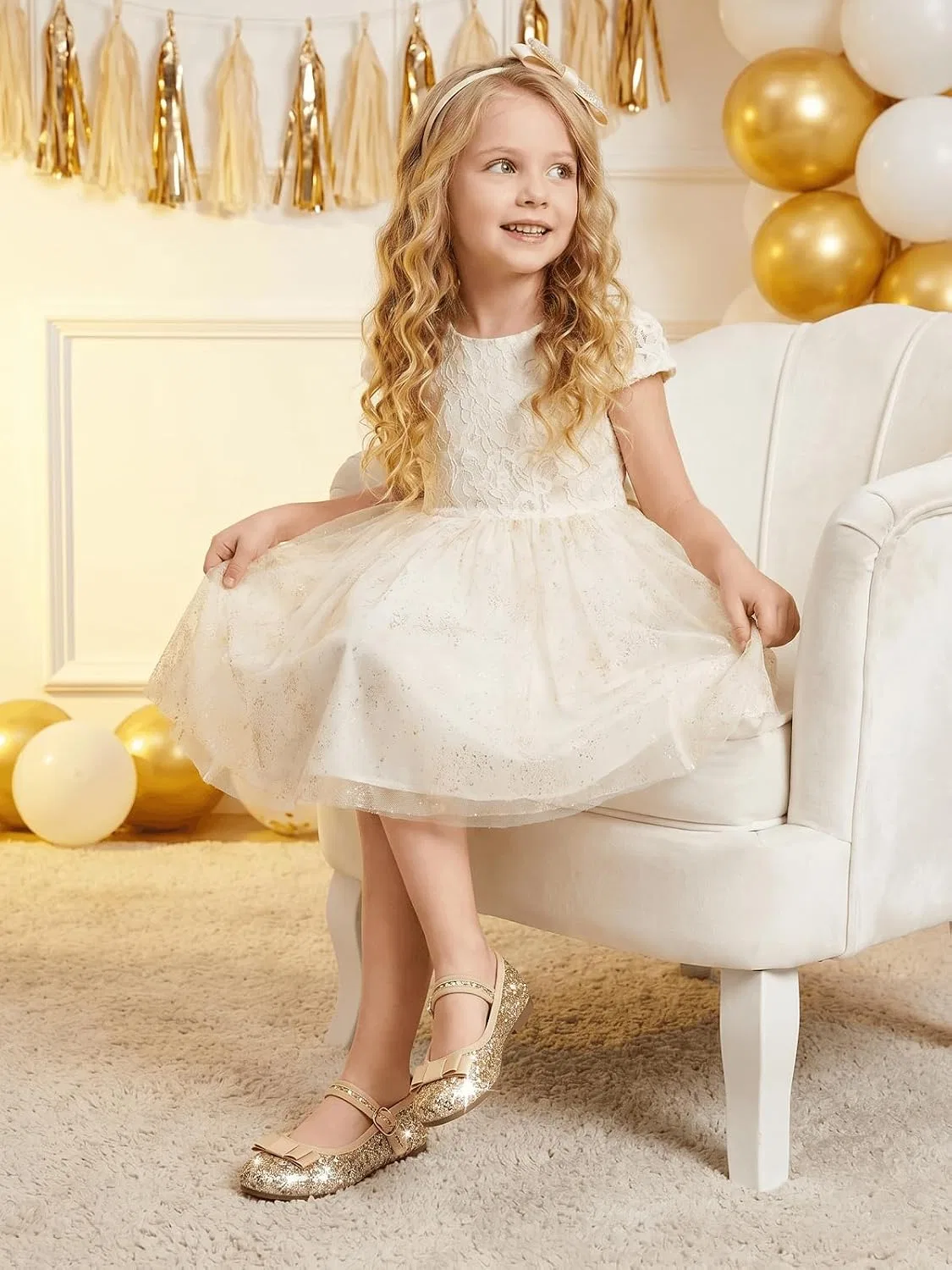 Детские балетки для девочек с бантом Coutgo, Gold Glitter — фото 2