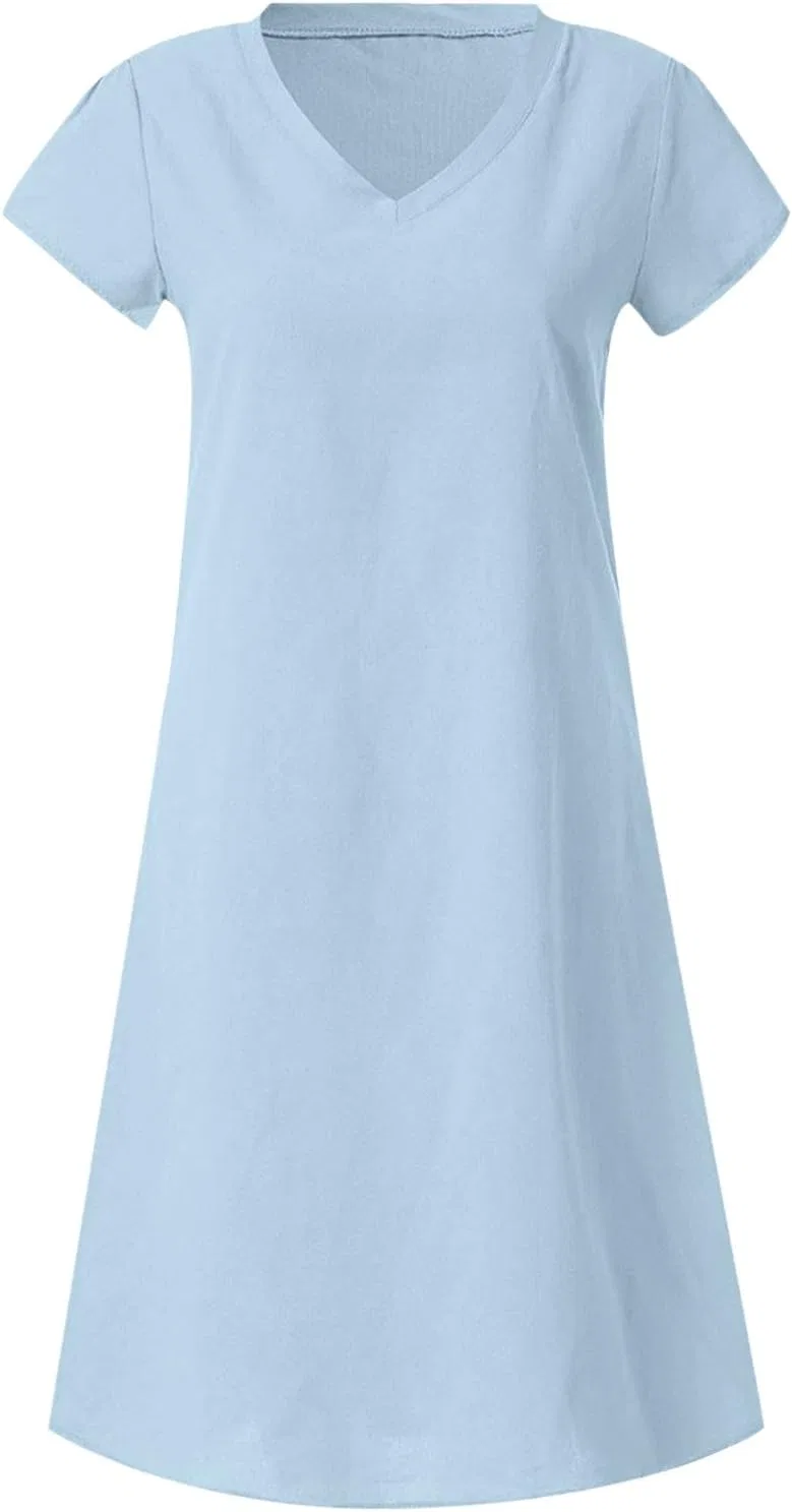 Женское летнее платье из хлопка и льна с V-образным вырезом, Light Blue — фото 3