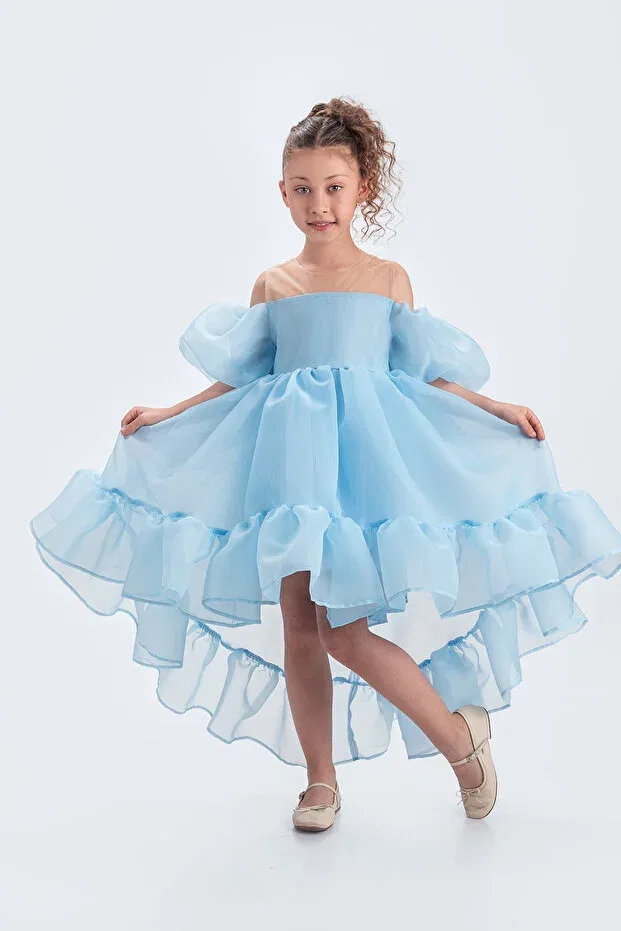 Детское платье для девочек с коротким рукавом Flared Madonna Collar Puffy Chiffon Luxurious Blue Children Evening Dress Abiyekids, Blue — фото 3