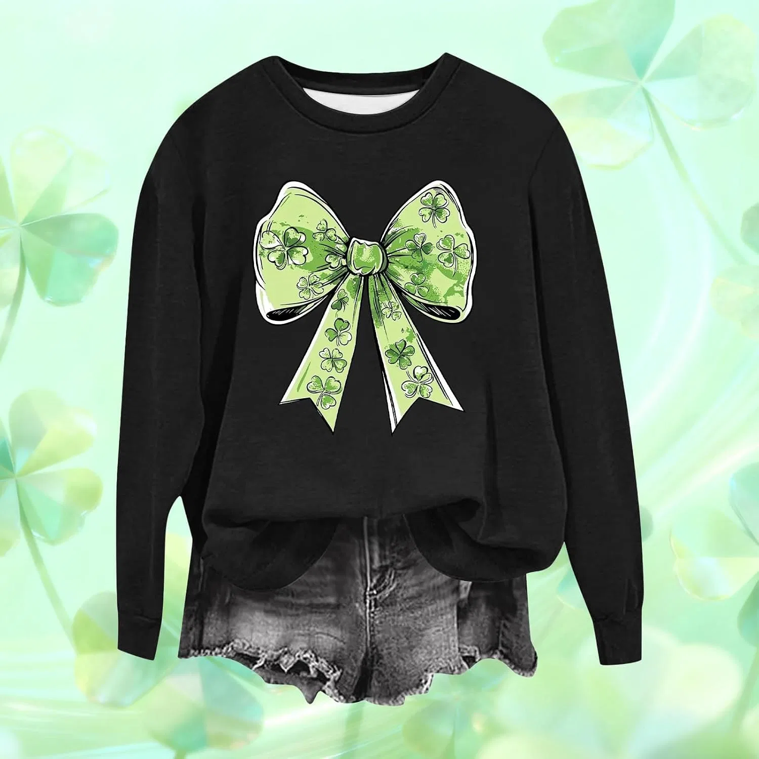 Женский свитшот с принтом Lucky Clover Print, чёрный — фото 2