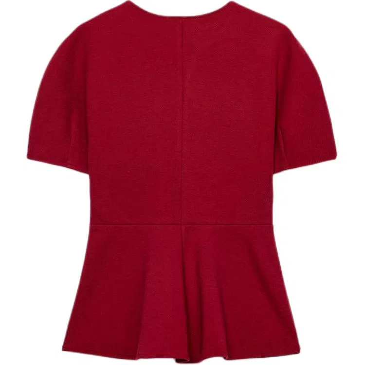 Женская футболка с V-образным вырезом, бордовая, ZARA, Burgundy — фото 3