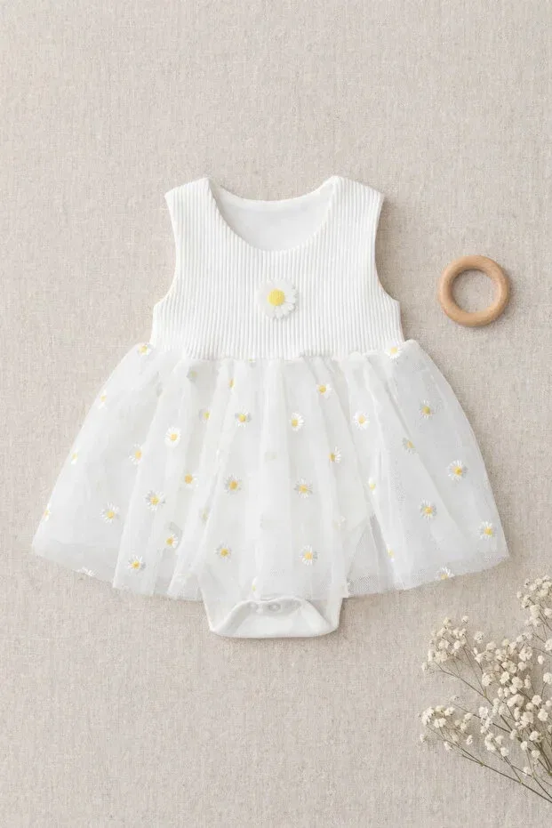 Детское платье для девочек из фатина Newborn daisy tulle badi dress with snap fasteners Tinitins, Cream