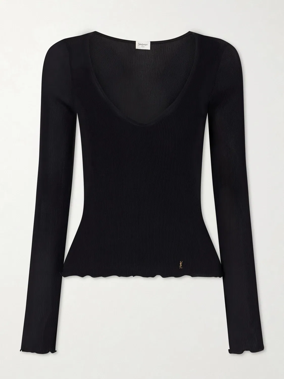 Футболка из ребристого шелка с отделкой из гипюрового кружева SAINT LAURENT, черный