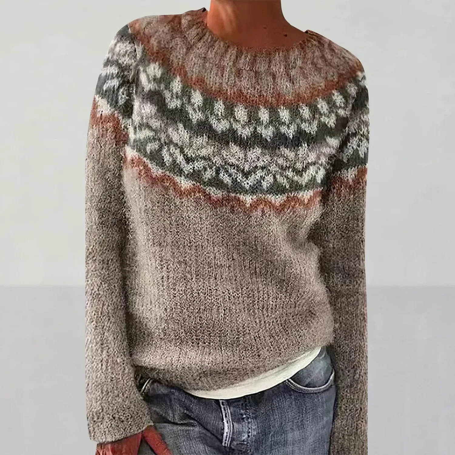 Женский свитер с принтом Fair Isle Vintage Fairisle Nordic, Dark Khaki — фото 2