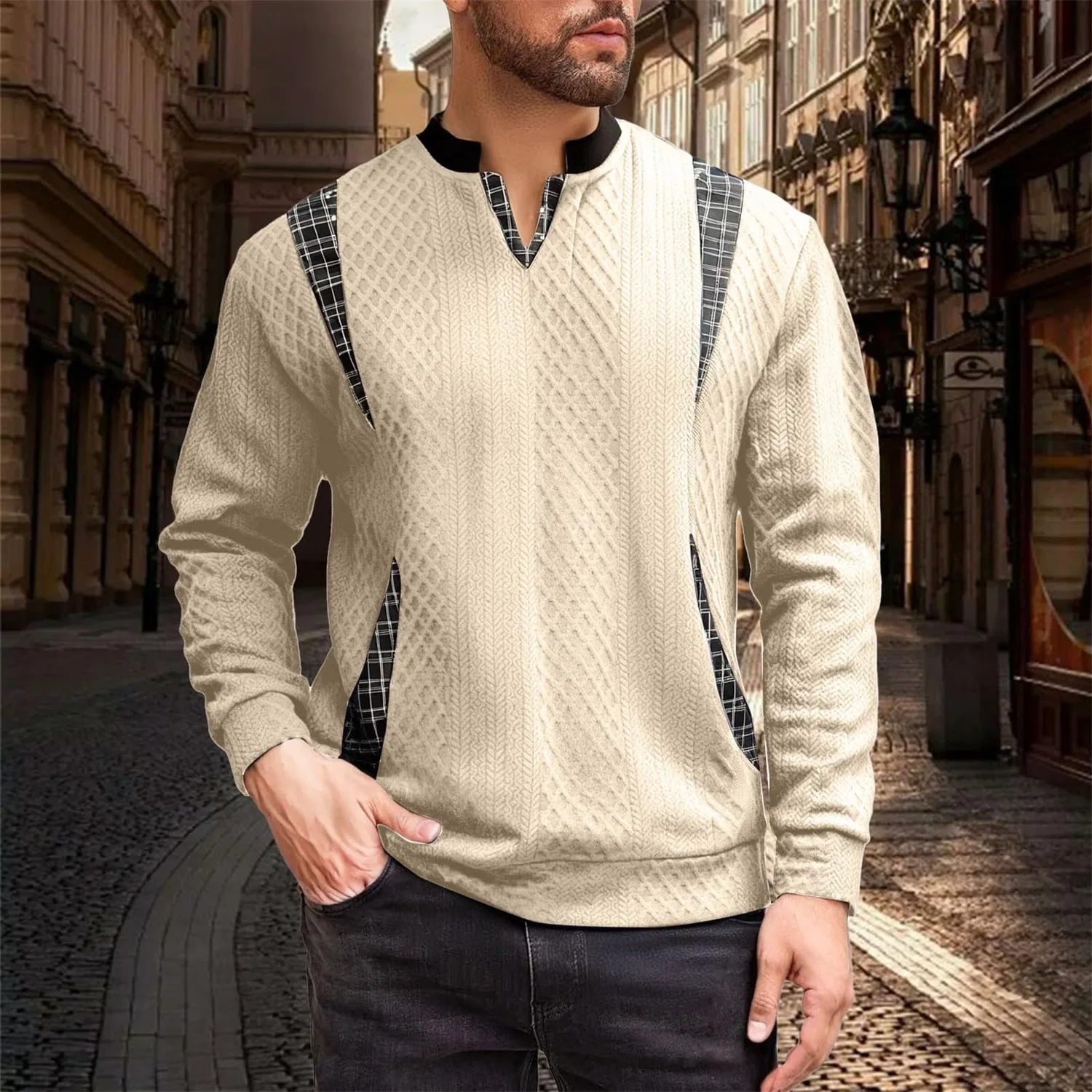 Мужской свитшот с v-образным вырезом и длинным рукавом, Dark Khaki — фото 3