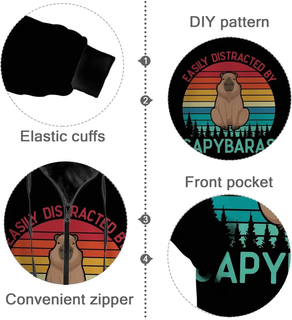 Женское мужское зимнее пальто с капюшоном на молнии, флисовое, Capybara, 3204 Retro Capybara Black — фото 2